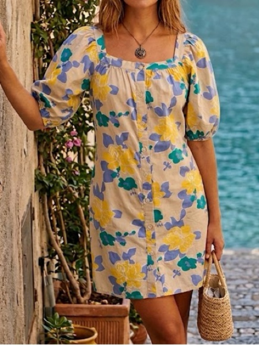 Beulah • Square Neck Floral Buttoned Puff Sleeve Summer Dress